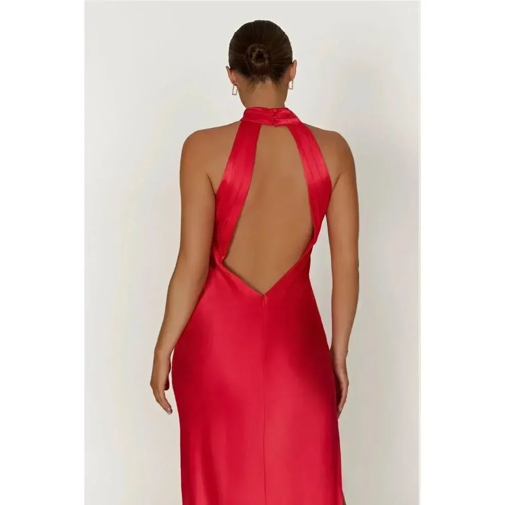 ✨MESHKI CLAIRE SATIN DRAPE BACK MAXI SZ XL DRESS WITH SPLIT✨ - Picture 4 of 9